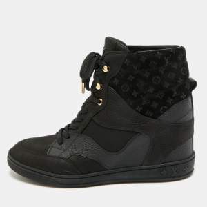 Pre Owned Louis Vuitton Cliff Size 40 Black Monogram Suede and Nubuck Leather Wedge Sneakers