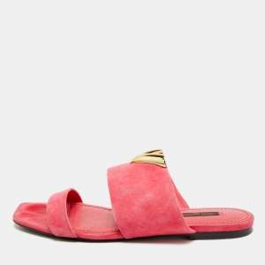 Pre Owned Louis Vuitton Essential V Size 38 Pink Suede Flat Slides