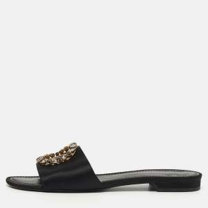 Pre Owned Louis Vuitton Madeleine Size 38 Black Satin Flat Slide