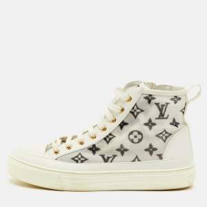 Pre Owned Louis Vuitton Stellar Size 37.5 White Leather and Monogram Mesh High Top Sneakers