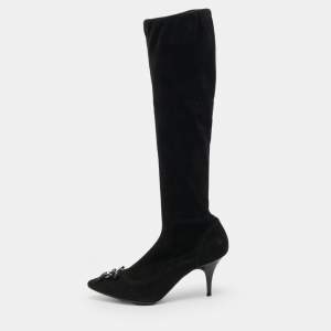 Pre Owned Louis Vuitton Size 34.5 Black Suede Knee Length Boots