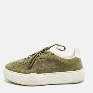 Pre Owned Louis Vuitton Groovy Size 39 Green Monogram Suede Low Top Platform Sneakers