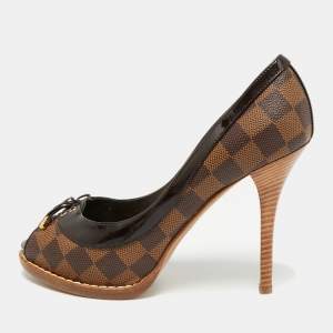 Pre Owned Louis Vuitton Palm Beach Size 37 Brown Monogram Coated Canvas and Patent Leather Peep Toe Pumps