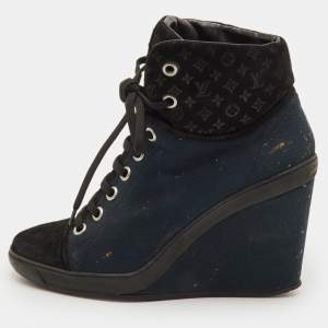 Pre Owned Louis Vuitton Batignolles Size 39.5 Navy Blue/Black Monogram Suede and Canvas Wedge Ankle Boots