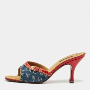 Pre Owned Louis Vuitton Size 37.5 Blue/Red Croc Embossed Leather and Monogram Denim Slide Sandals