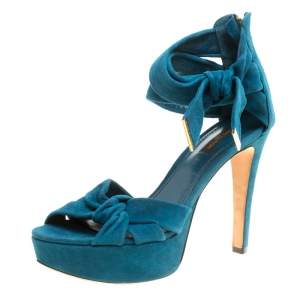 Pre Owned Louis Vuitton Teal Suede Platform Sandals Size 38