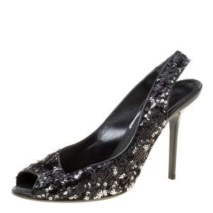 Pre Owned Louis Vuitton Two Tone Sequins Liza Peep Toe Slingback Sandals Size 37.5