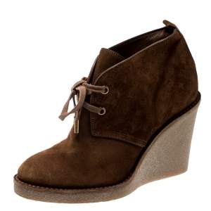 Pre Owned حذاء بوت كاحل لوي فيتون كعب روكي جلد سويدي نقش مونوغرامي بني مقاس 37