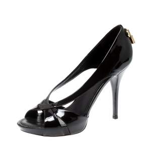 Pre Owned حذاء كعب عالي لوي فيتون نعل سميك مقدمة مفتوحة قصة تفاصيل قفل جلد لامع بني داكن مقاس 38.5