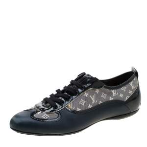 Louis Vuitton Blue Leather And Grey Monogram Canvas Lace Up Sneakers Size 38.5
