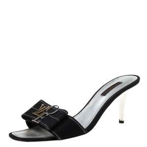 Pre Owned Louis Vuitton Black Canvas Logo Detail Slip On Sandals Size 37.5