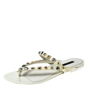 Pre Owned Louis Vuitton Cream Patent Leather Studded Thong Sandals Size 38