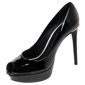 Pre Owned Louis Vuitton Black Patent Leather Eyeline Peep Toe Platform Pumps Size 36.5
