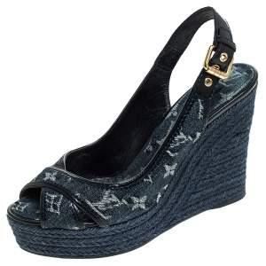 مملوكة مسبقًا صندل لوي فيتون باستيل فتحة كعب كعب روكي اسبادريل دنيم مونوغرامي مقاس 38.5