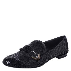 Pre Owned Louis Vuitton Black Sequins Bow Amulet Smoking Slippers Size 39