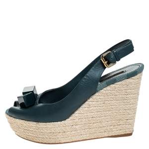 Pre Owned Louis Vuitton Green Leather Wedge Espadrille Peep Toe Platform Slingback Sandals Size 39.5