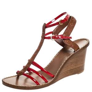 Pre Owned Louis Vuitton Brown Monogram Embossed Leather And Red Patent Strappy Wedge Sandals Size 40