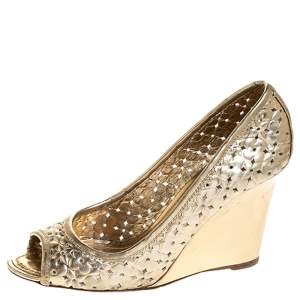 Pre Owned Louis Vuitton Gold Stand By Me Peep Toe Wedge Pumps Size 36