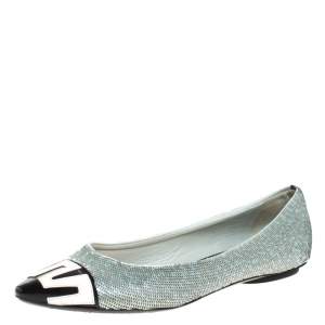 Pre Owned Louis Vuitton Blue Sequin Embellished Satin And 2 Tone Patent Pointed Toe Ballet Flats Size 36