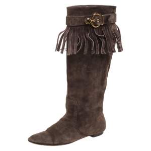Pre Owned Louis Vuitton Brown Suede Fringe Buckle Detail Knee Length Boots Size 38