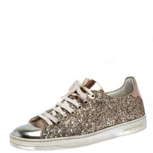 Louis Vuitton Metallic Rose Gold Leather And Coarse Glitter Frontrow Low Top Lace Up Sneakers Size 38