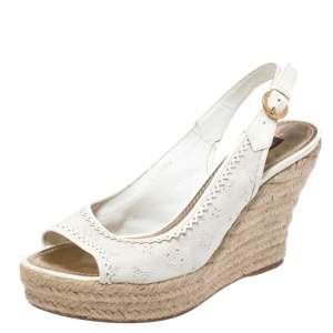 Pre Owned Louis Vuitton White Monogram Canvas And Patent Leather Platform Espadrille Wedge Sandals Size 38.5