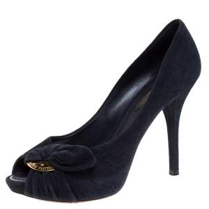 Pre Owned Louis Vuitton Navy Blue Suede Catania Peep Toe Platform Pumps Size 36