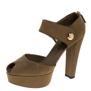 Pre Owned Louis Vuitton Olive Green Nubuck Leather Peep Toe Platform Sandals Size 40