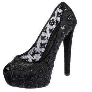 Pre Owned Louis Vuitton Black Monogram Sequins,Mesh and Suede Peep Toe Pumps Size 37.5
