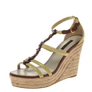 Pre Owned Louis Vuitton Cream/Brown Patent Leather Monogram Flower Espadrille Wedge Sandals Size 37.5