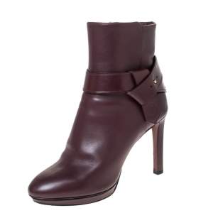 Pre Owned Louis Vuitton Burgundy Leather Belted Ankle Boots Size 41