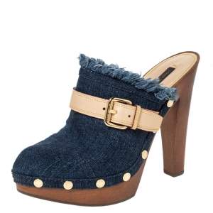 Pre Owned حذاء سلايد كلوغ لوي فيتون مرصع و مزين بإبزيم  و بنعل سميك دنيم أزرق مقاس 36.5