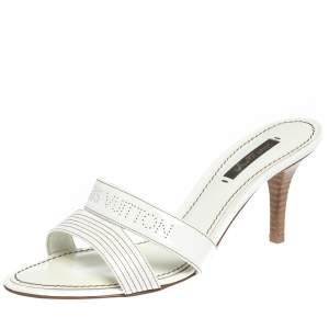 Pre Owned Louis Vuitton White Patent Leather Perforated Logo Detail Open Toe Slides Size 37.5
