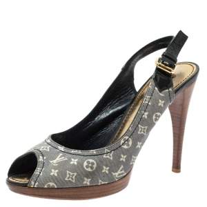 Pre Owned Louis Vuitton Blue/White Min Lin Monogram Canvas and Patent Slingback Sandals Size 39.5
