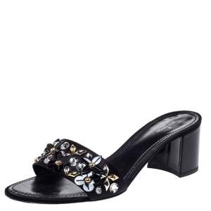 Louis Vuitton Black Satin Applique Embellished Block Heel Slide Sandals Size 39.5