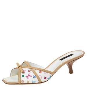 Pre Owned صندل سلايد لوي فيتون كانفاس مونوغرامي ميني لين متعدد الألوان أبيض مقاس 38