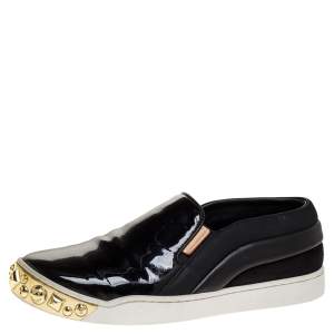 Louis Vuitton Black Patent And Leather Gold Studded Tempo Slip On Sneakers Size 35.5