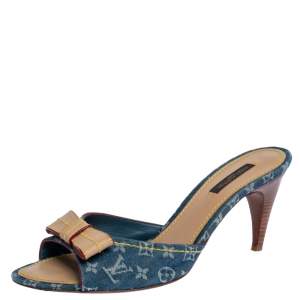 Pre Owned Louis Vuitton Blue Monogram Denim And Leather Bow Slide Sandals Size 39.5