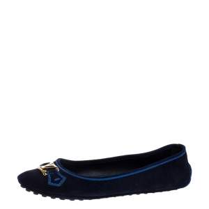 مملوكة مسبقًا Louis Vuitton Navy Blue Suede Leather Logo Ballet Flats Size 39