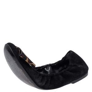 Pre Owned Louis Vuitton Black Suede Leopard Print Fabric Bow 'Mimi' Ballerina Flats Size 37.5