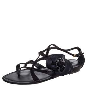 Pre Owned Louis Vuitton Black Satin Flower Detail Flat Sandals Size 41