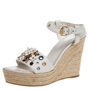 Pre Owned صندل لوى فيتون سير كاحل نعل سميك نعل روكى إسبادريلز زهور جلد أبيض مقاس 37