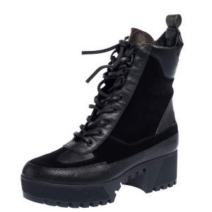 Pre Owned Louis Vuitton Black/Brown Suede, Monogram Canvas And Leather Laureate Platform Desert Ankle Boots Size 38
