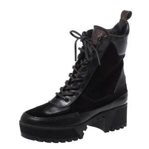 Pre Owned Louis Vuitton Black Suede, Monogram Canvas And Leather Laureate Platform Desert Ankle Boots Size 36.5