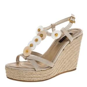 Louis Vuitton Beige Canvas Medallion Leather Detail Espadrille Wedge Platform Sandals Size 37