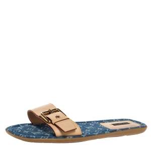 Pre Owned صندل سلايد فلات لوي فيتون كانفاس ميني لين و جلد بيج مقاس 40.5