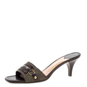 Pre Owned Louis Vuitton Vintage Green Canvas And Brown Leather Trim Open Toe Sandals Size 38.5