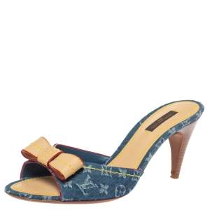 مملوكة مسبقًا Louis Vuitton Blue Monogram Denim And Leather Bow Slide Sandals Size 38.5