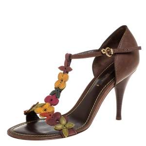 مملوكة مسبقًا Louis Vuitton Brown Leather Aubepine Floral T Strap Sandals Size 37