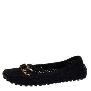Pre Owned Louis Vuitton Black Perforated Suede Oxford Loafers Size 36.5